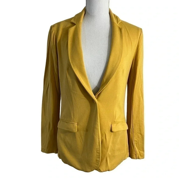 Magaschoni One Button Cardigan Sweater Yellow Small Collared Long Sleeve Pockets - Picture 1 of 7